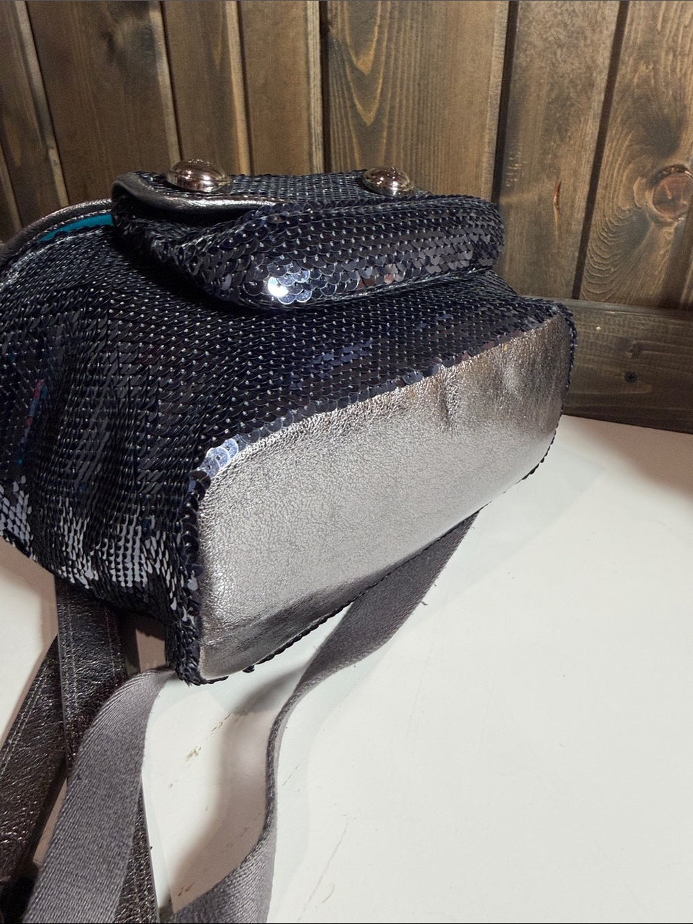 Coach Midnight Blue Sequin Mini Backpack with Silver Trim - Picture 6 of 9